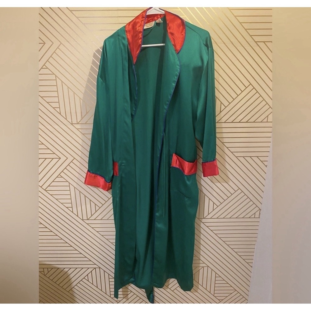 Victoria's Secret Women's Satin Wrap Robe Green/Red Belted Tie Long Sleeve M/L